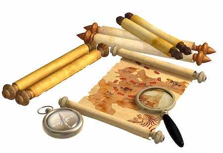 simsearch:400-04092861,k - A way to treasure. Pirate map, scrolls, compass and loupe. Objects isolated over white Fotografie stock - Microstock e Abbonamento, Codice: 400-04914505