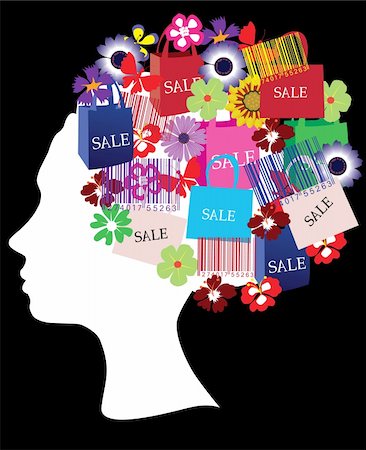 Vector illustration of a head silhouette with shopping icons Stock Photo - Budget Royalty-Free & Subscription, Code: 400-04914541