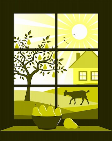 vector pear tree and cottage outside the window, Adobe Illustrator 8 format Stock Photo - Budget Royalty-Free & Subscription, Code: 400-04914555