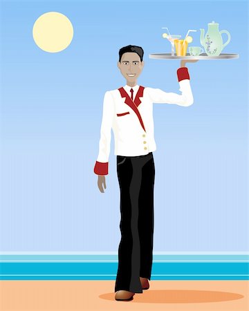 illustration of a uniformed asian waiter carrying a tray of drinks as he walks along the beach under a blue sky Stock Photo - Budget Royalty-Free & Subscription, Code: 400-04914582