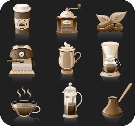 Coffee black background icon set.  Vector coffee icon set isolated on black background. Foto de stock - Super Valor sin royalties y Suscripción, Código: 400-04914736