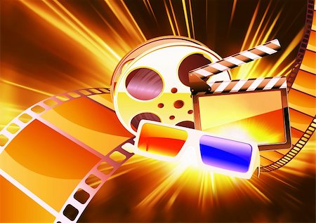 Vector illustration of orange abstract cinema background with anaglyph glasses, clapperboard and a film reel Stock Photo - Budget Royalty-Free & Subscription, Code: 400-04915014