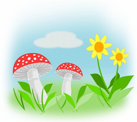 simsearch:400-06094336,k - Yellow flowers and fly agaric against the blue sky and green     grass. Photographie de stock - Aubaine LD & Abonnement, Code: 400-04915028