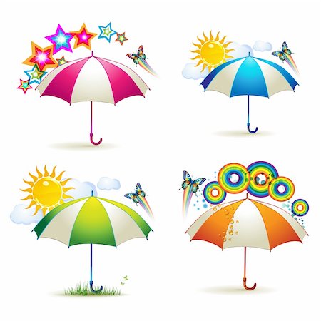 Colored umbrellas with stars, circles, sun and butterflies over white background Stock Photo - Budget Royalty-Free & Subscription, Code: 400-04915137