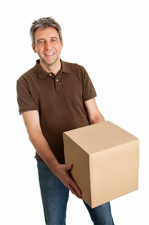 simsearch:400-04153946,k - Delivery man holding package box. Isolated on white Photographie de stock - Aubaine LD & Abonnement, Code: 400-04915468