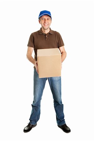 simsearch:400-04150533,k - Delivery man holding package box. Isolated on white Stockbilder - Microstock & Abonnement, Bildnummer: 400-04915469