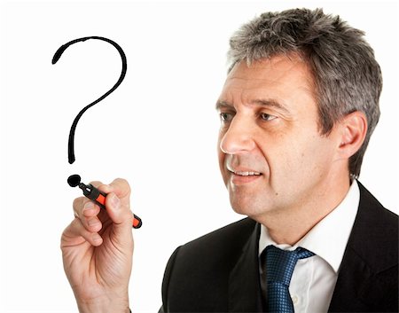 senior technology confused - Businessman drawing a question mark. Isolated on white Foto de stock - Super Valor sin royalties y Suscripción, Código: 400-04915511