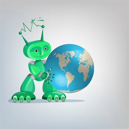 Green eco-robot character with terrestrial globe. Photographie de stock - Aubaine LD & Abonnement, Code: 400-04915698