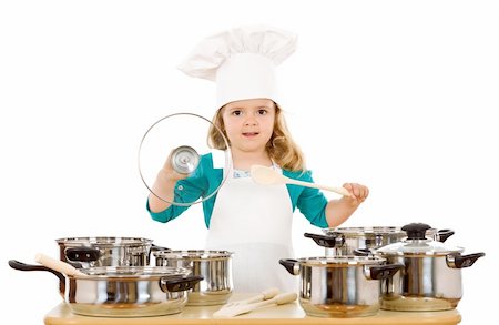 simsearch:400-04114221,k - Little girl playing with cooking utensils wearing a chef hat - isolated Stock Photo - Budget Royalty-Free & Subscription, Code: 400-04916140