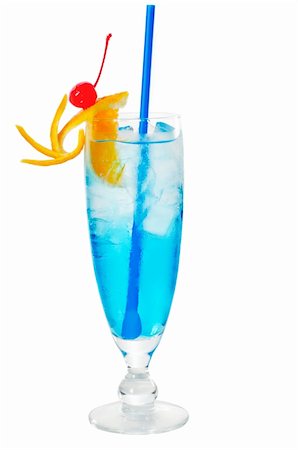 blue long drink cocktail with orange and cherry garnish and blue straw ,isolated on white background Stock Photo - Budget Royalty-Free & Subscription, Code: 400-04916398