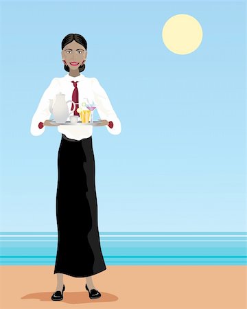 an illustration of a uniformed asian waitress carrying a tray of drinks along a saqndy beach Stock Photo - Budget Royalty-Free & Subscription, Code: 400-04916844