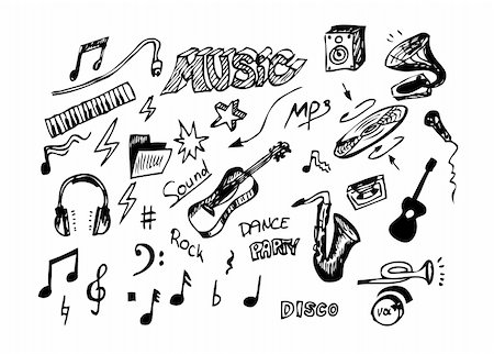 stereo with music notes - hand drawn music objects isolated on the white background Stock Photo - Budget Royalty-Free & Subscription, Code: 400-04917366