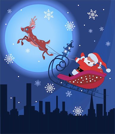 santa and reindeer - Santa Claus on sledge with Rudolf flying over night town and delivering his christmas gifts Stock Photo - Budget Royalty-Free & Subscription, Code: 400-04917515