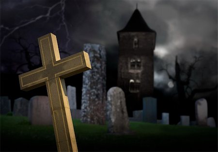 Graveyard on a spooky stormy devening with moonshine and lightning Stock Photo - Budget Royalty-Free & Subscription, Code: 400-04918344