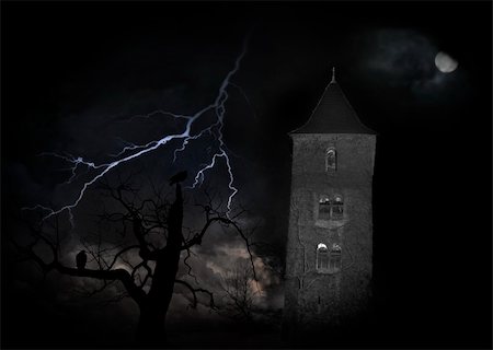 Spooky building in forest on a dark night Stock Photo - Budget Royalty-Free & Subscription, Code: 400-04918343