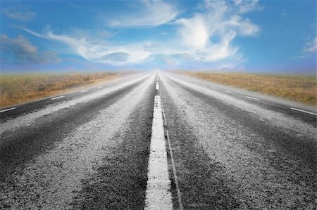 Long straight asphalt road and blue cloudy summer sky Stock Photo - Budget Royalty-Free & Subscription, Code: 400-04918490