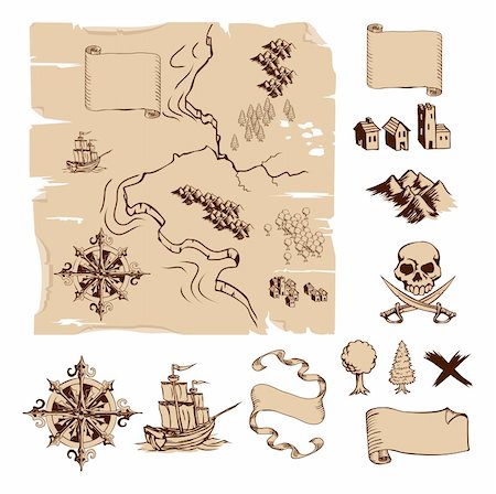 Example map and design elements to make your own fantasy or treasure maps. Includes mountains, buildings, trees, compass etc. Stock Photo - Budget Royalty-Free & Subscription, Code: 400-04918881