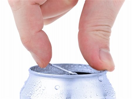 simsearch:400-06359503,k - Close up of a hand opening a beverage. Isolated on white. Photographie de stock - Aubaine LD & Abonnement, Code: 400-04919455