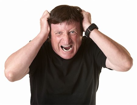 person screaming pulling hair - Mature Caucasian man screams in frustration over white background Stock Photo - Budget Royalty-Free & Subscription, Code: 400-04910559