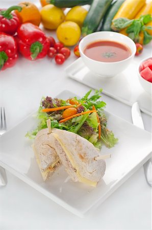 simsearch:400-06171664,k - tuna fish and cheese sandwich with fresh mixed salad ,watermelon and gazpacho soup on side,with fresh vegetables on background ,MORE DELICIOUS FOOD ON PORTFOLIO Foto de stock - Super Valor sin royalties y Suscripción, Código: 400-04911125