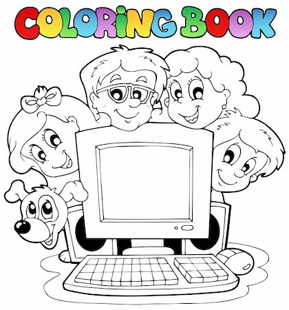 Coloring book computer and kids - vector illustration. Stock Photo - Budget Royalty-Free & Subscription, Code: 400-04911178