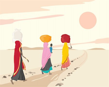 an illustration of three indian women and a child walking home with shopping bundles under a sunset sky Stock Photo - Budget Royalty-Free & Subscription, Code: 400-04911861