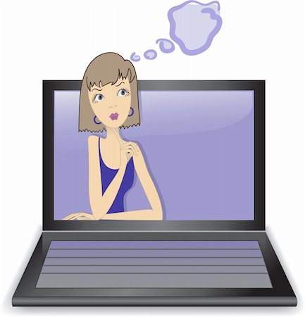 beautiful thoughtful girl looks out from the laptop Stock Photo - Budget Royalty-Free & Subscription, Code: 400-04912683