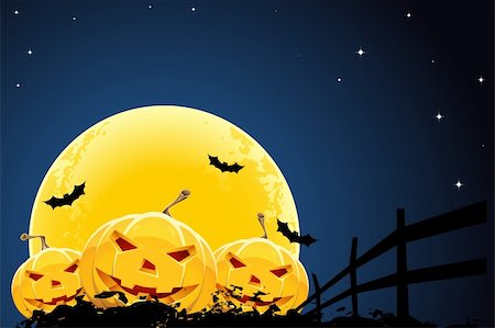 spooky night sky - Grungy Halloween background with pumpkins  bats and full moon Stock Photo - Budget Royalty-Free & Subscription, Code: 400-04913061