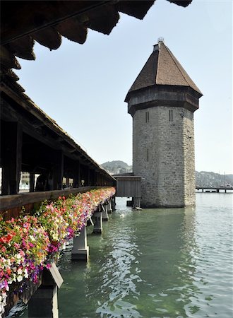 Lucern Switzerland bridge blue lake flowers Stock Photo - Budget Royalty-Free & Subscription, Code: 400-04913281