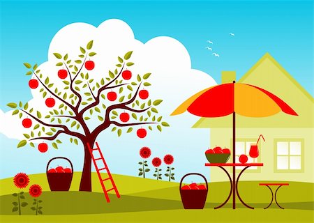 vector table and chair with umbrella in garden, Adobe Illustrator 8 format Stock Photo - Budget Royalty-Free & Subscription, Code: 400-04924190