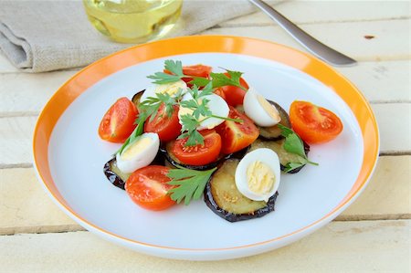 salad with eggplant, tomato and quail eggs Stock Photo - Budget Royalty-Free & Subscription, Code: 400-04924481