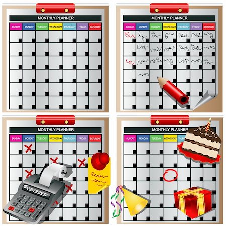 day of calendar with birthday - Illustration of four monthly planners with different occasions. Foto de stock - Super Valor sin royalties y Suscripción, Código: 400-04924857