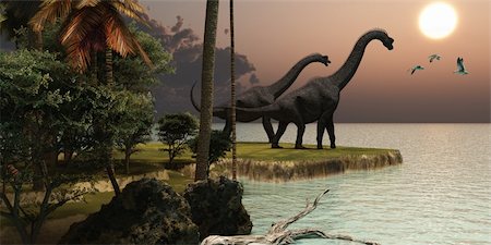 simsearch:400-07039388,k - Two Brachiosaurus dinosaurs enjoy a beautiful sunset. Stockbilder - Microstock & Abonnement, Bildnummer: 400-04925086