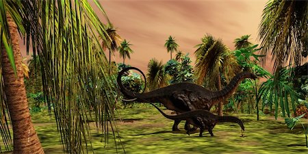 simsearch:400-04236748,k - An Apatasaurus mother escorts her hatchling baby through the hot equatorial jungles in prehistoric times. Foto de stock - Super Valor sin royalties y Suscripción, Código: 400-04925083