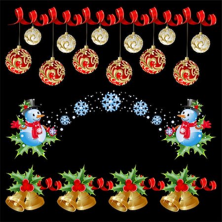 simsearch:400-05701397,k - Christmas borders with balls, ribbon, snowman, snowflake, bells (can be repeated and scaled in any size) Fotografie stock - Microstock e Abbonamento, Codice: 400-04926219