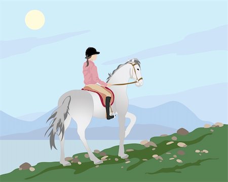 equestrian women riding boots - an illustration of a woman riding a horse trekking over mountain terrain with hills and lake in the background Stock Photo - Budget Royalty-Free & Subscription, Code: 400-04920720