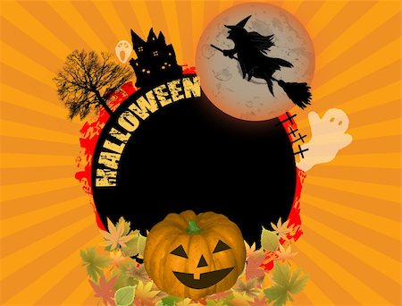 Abstract vector illustration with rounded frame, full moon, witch flying on a broom and one pumpkin. Halloween concept Stock Photo - Budget Royalty-Free & Subscription, Code: 400-04920773