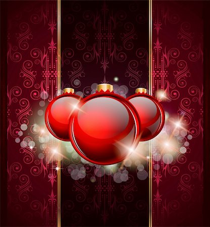 Elegant Merry Christmas and Happy New Year background with vintage seamless wallpaper and glossy baubles. Stock Photo - Budget Royalty-Free & Subscription, Code: 400-04921256