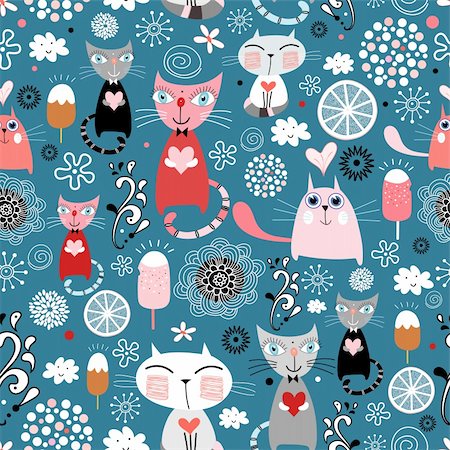 retro cat pattern - seamless pattern of funny cats with hearts on a blue background flower Stock Photo - Budget Royalty-Free & Subscription, Code: 400-04921539