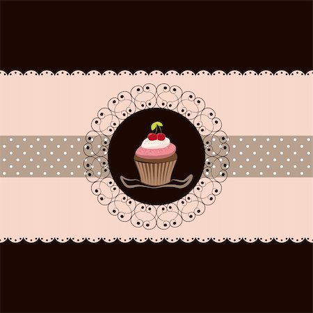 pink choc cake - Cherry cupcake invitation card pink brown background Stock Photo - Budget Royalty-Free & Subscription, Code: 400-04922186