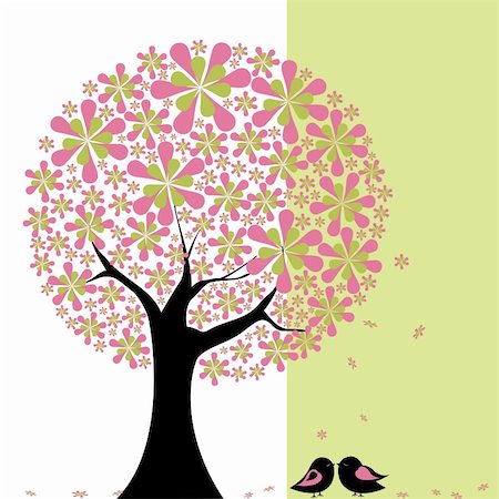 Abstract springtime flower tree with lovebird on green white background Photographie de stock - Aubaine LD & Abonnement, Code: 400-04922311