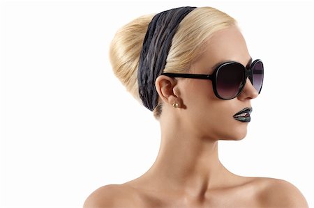 simsearch:400-04490576,k - fashion portrait of young blond woman with hair style black lips and wearing sunglasses against white background Stock Photo - Budget Royalty-Free & Subscription, Code: 400-04923087
