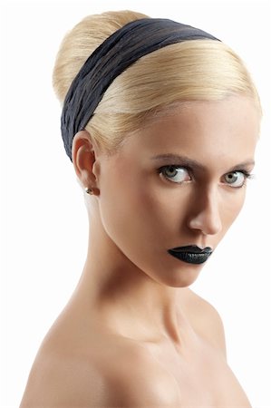simsearch:400-04330316,k - fashion portrait of young blond woman with hair style black lips looking at the camera against white background Foto de stock - Super Valor sin royalties y Suscripción, Código: 400-04923091