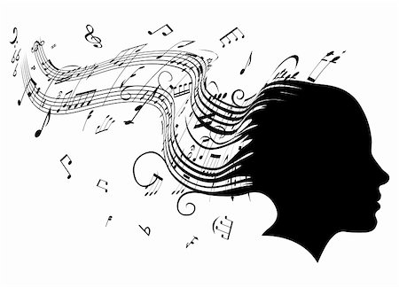 Conceptual illustration of a woman's head in profile with hair turning into sheet music musical notes Stock Photo - Budget Royalty-Free & Subscription, Code: 400-04923996