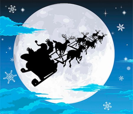 santa claus sleigh flying - Santa in his sled silhouetted against the full moon Stock Photo - Budget Royalty-Free & Subscription, Code: 400-04923997