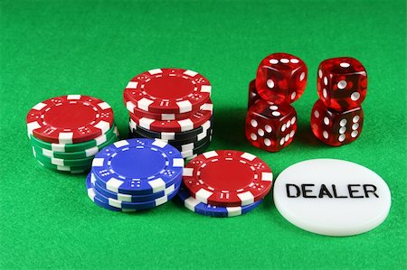 Poker chips and 5 dice on a green baize Stock Photo - Budget Royalty-Free & Subscription, Code: 400-04934045