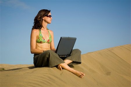 desert office - Girl working on her laptop in the dunes in Gran Canaria Stock Photo - Budget Royalty-Free & Subscription, Code: 400-04935484