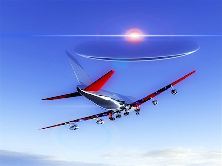 simsearch:400-06091348,k - A plane flying high in the sky with a glowing UFO chasing the plane. Photographie de stock - Aubaine LD & Abonnement, Code: 400-04937086