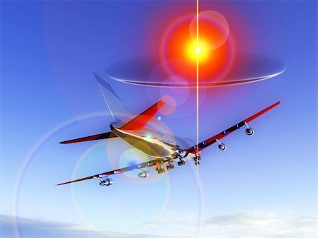 simsearch:400-06091348,k - A plane flying high in the sky  with a glowing UFO chasing the plane and abducting it. Photographie de stock - Aubaine LD & Abonnement, Code: 400-04937994