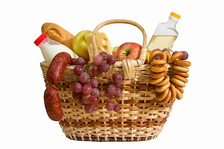 store milk - basket with apples, grapes, milk, oil, cheese and bread. Isolated on white background, with clipping-path Stock Photo - Budget Royalty-Free & Subscription, Code: 400-04932066